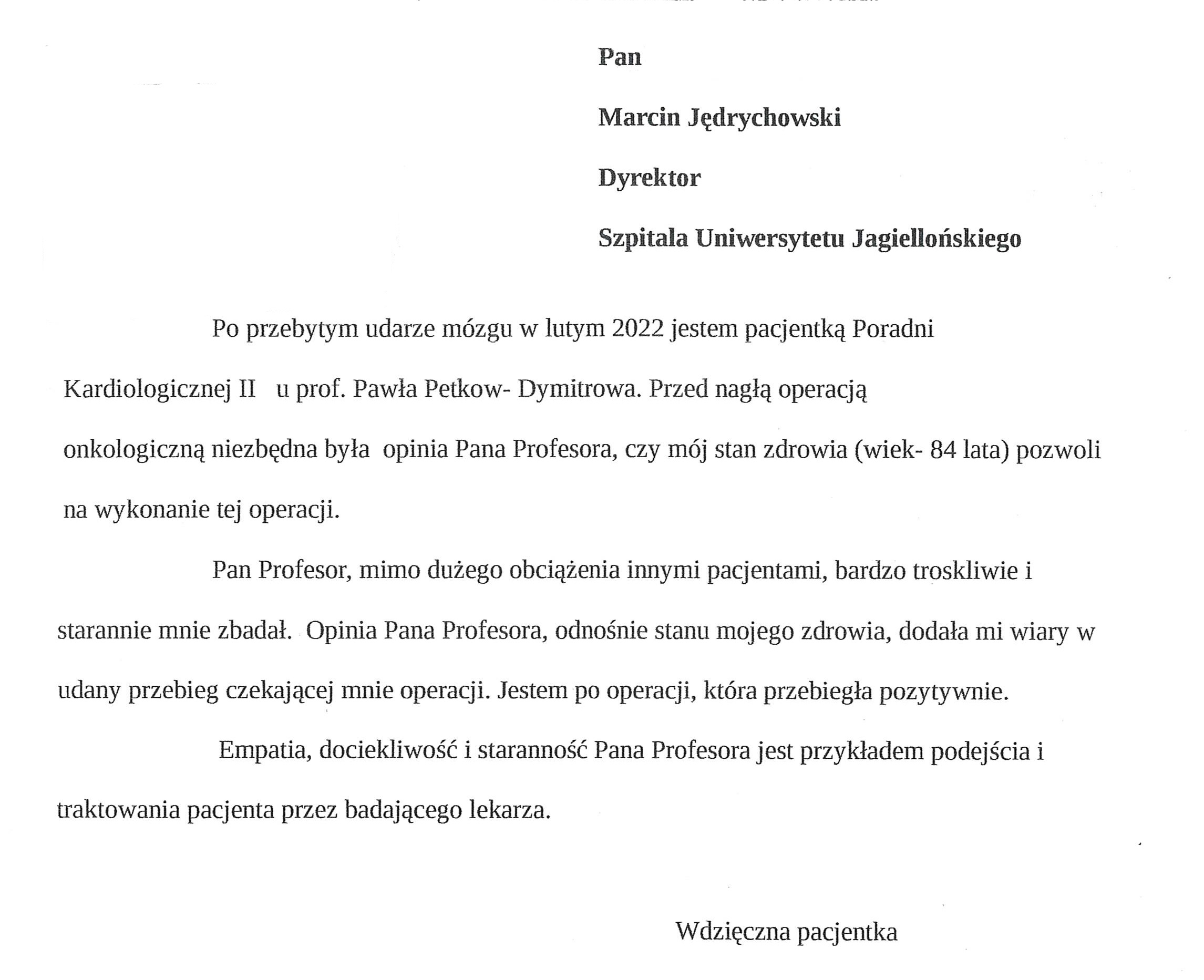 Podziękowania dla Oddział Kliniczny Kardiologii oraz Interwencji Sercowo Naczyniowych