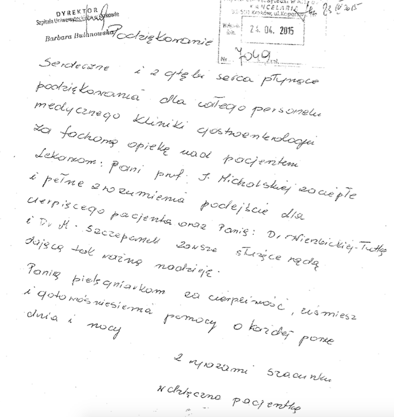 podziekowania dla personelu oddzialu klinicznego gastoenterologii