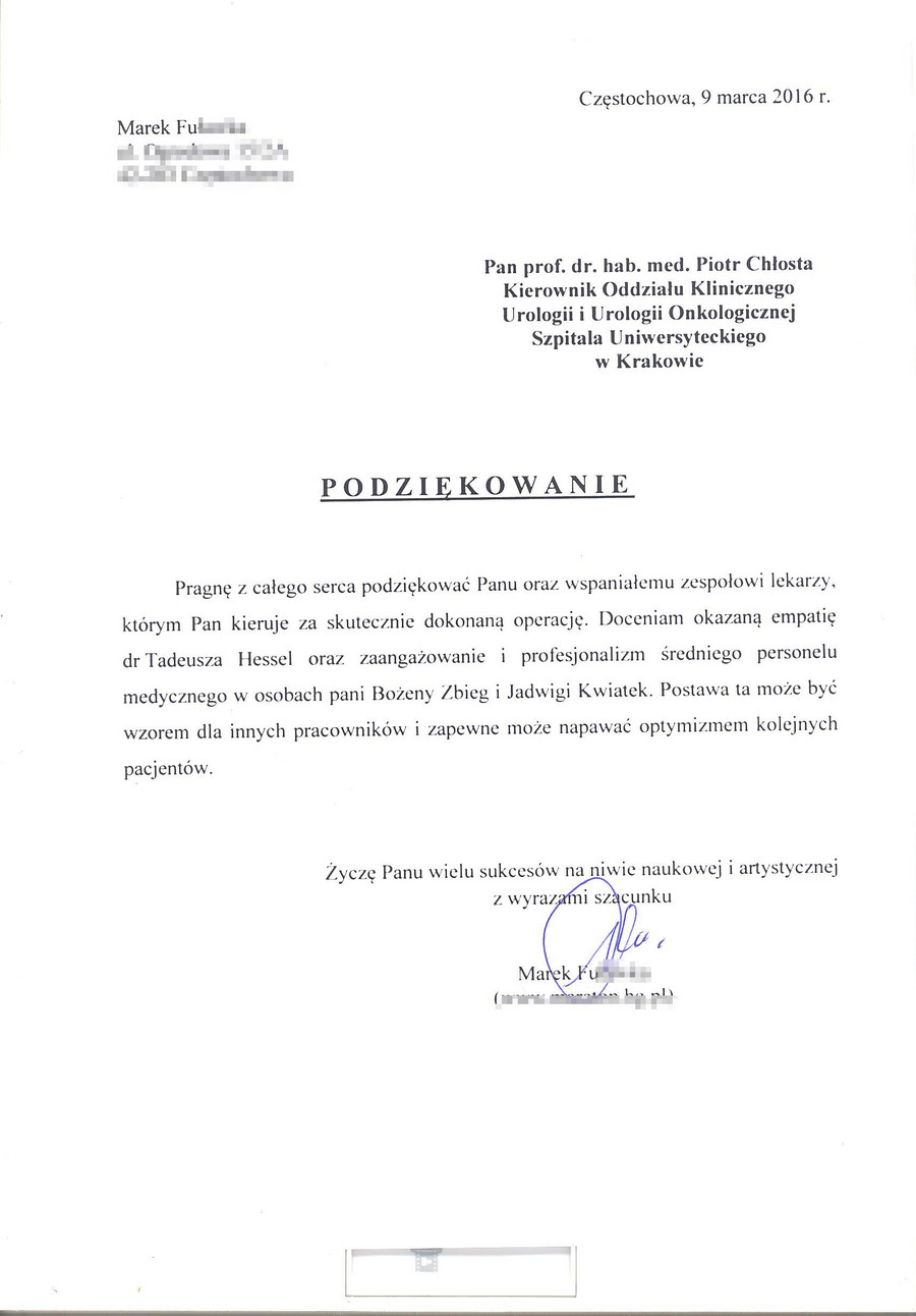 wyrazy uznania dla lekarzy i pielegniarek oddzialu urologii i urologii onkologicznej