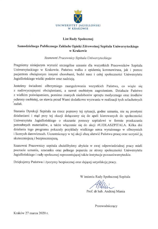 List Rady Społecznej Samodzielnego Publicznego Zakładu Opieki Zdrowotnej Szpitala Uniwersyteckiego w Krakowie