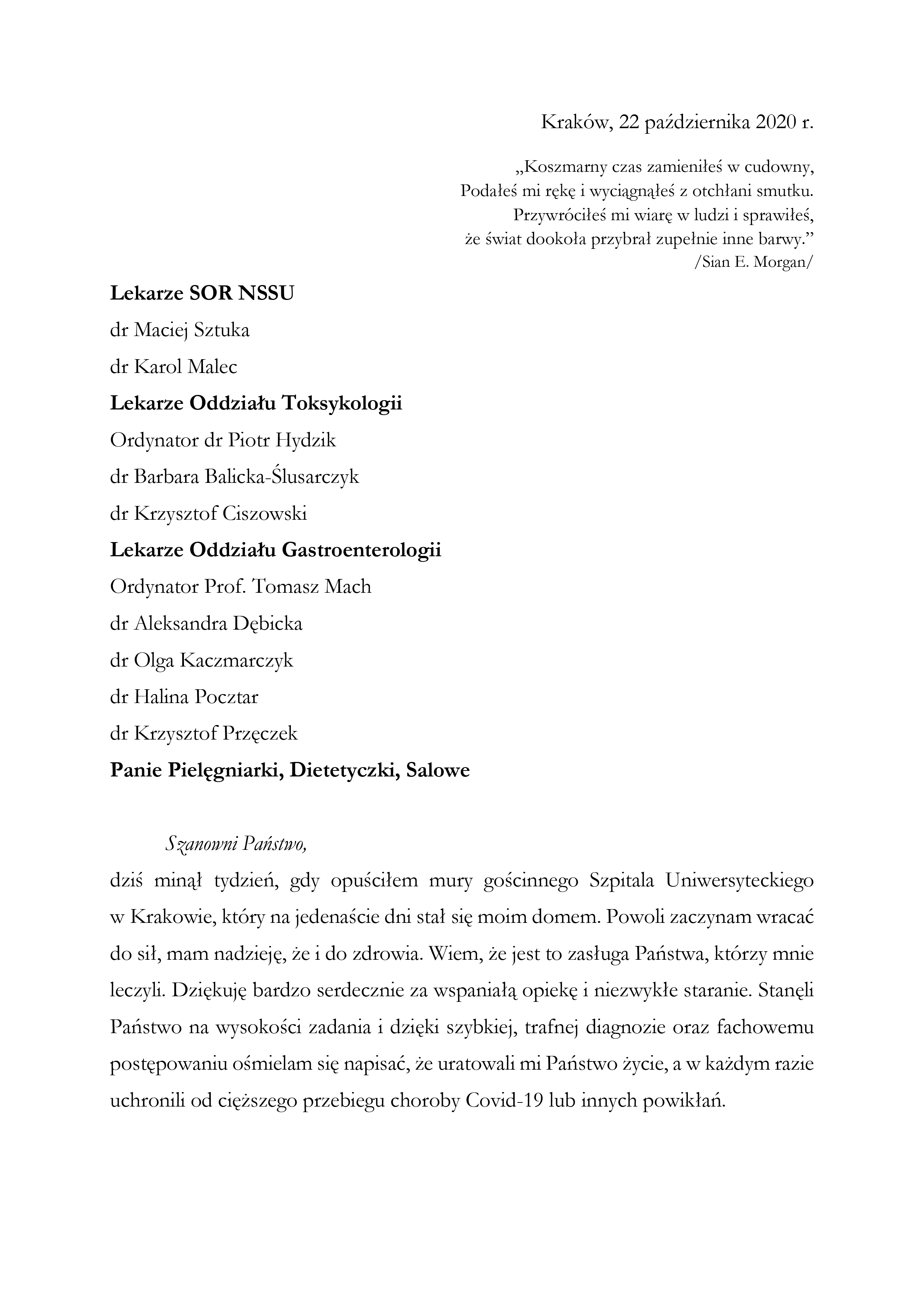 Podziękowania dla SOR-u, O/K Toksykologii, O/K Gastroenterologii i Hepatologii