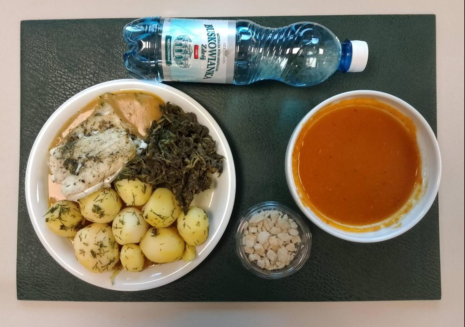 Krem z marchwii + 300 g ( SOJ, SEL,) Grzanki pszenne + 10 g ( GLU PSZ, JAJ, MLE, może zawierać: SOJ,) Morszczuk na parze 100g + 100 g ( RYB,) Sos jarzynowy dieta + 100 g ( MLE,) Ziemniaki gotowane z koperkiem + 150 g Szpinak gotowany z olejem + 150 g Woda mineralna n/g 0,5l 1 szt