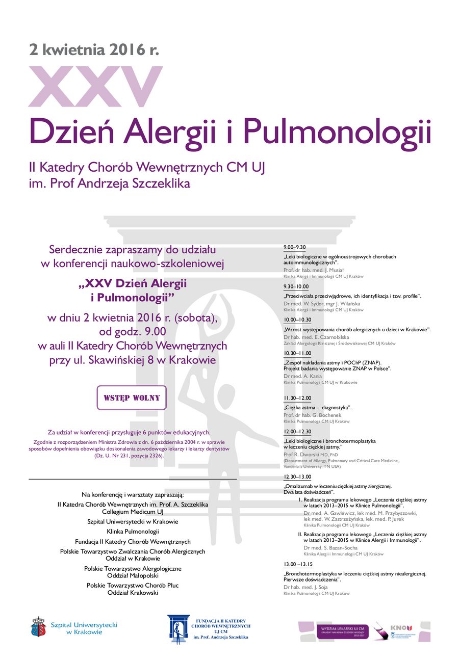 xxv konferencja naukowo szkoleniowa dzien alergii i pulmonologii ii katedry chorob wewnetrznych