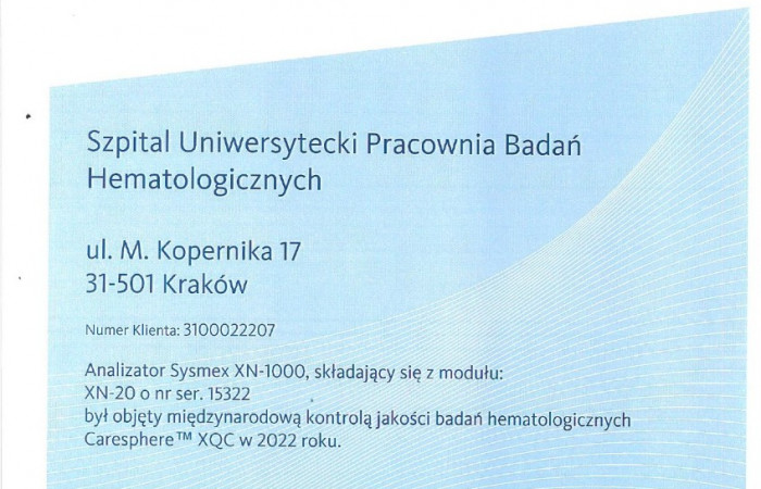 certyfikat sysmex